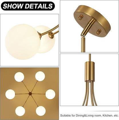 CNRATYE 6-Light Modern Farmhouse Gold Chandeliers for Dining Room Light Fixture, Mid Century Hanging Sputnik Chandelier for Living Room Kitchen Island Bedroom Foyer, Milk White Globe Glass Shade