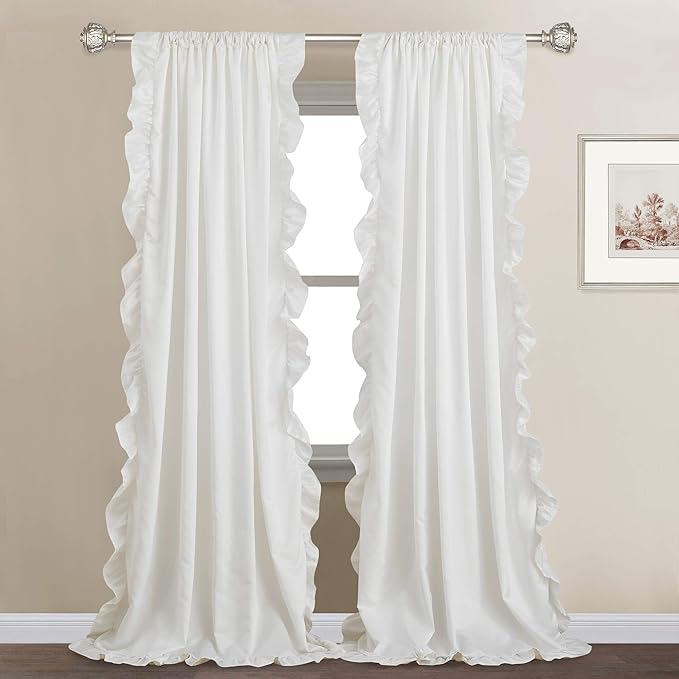 StangH Cottage Ruffle Curtains 96 Inch, Luxurious Satin Shabby Chic Drapery for High Ceiling, Light Filtering Privacy Window Coverings for Living Room/Backdrop, White, W52 x L96, 2 Panels