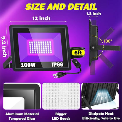 2 Pack 100W LED Black Light, IP66 Waterproof Outdoor Blacklight Flood Light Spotlight with Plug, Switch, Cord for Neon Glow Party Fluorescent Poster Body Paint Stage Lighting Halloween Decor
