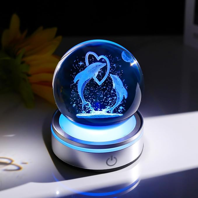 Crystal 3D Dolphins 3.15in Ball Figurine Gifts for Women, Collectible Glass Animal Art for Room with LED Light Base Keepsakes for Dolphin Lovers Home Decor Paperweight