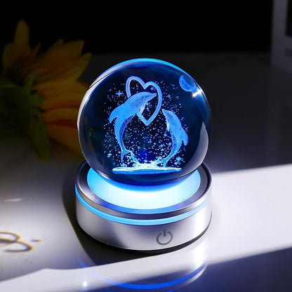 Crystal 3D Dolphins 3.15in Ball Figurine Gifts for Women, Collectible Glass Animal Art for Room with LED Light Base Keepsakes for Dolphin Lovers Home Decor Paperweight