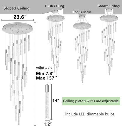 HAIXIANG W24 x H157 Glam Chandelier Bubble Crystal Ceiling Chandeliers Remote Dimmable LED Light High Ceiling Pendants Light Fixtures Adjustable Long Lights 24-Lights Silver Lamp
