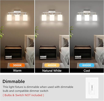 FonmYim Brushed Nickel Bathroom Light Fixtures, 3-Light Modern Vanity Light Over Mirror, Wall Sconces with Milky White Frosted Glass Shades, E26 Socket (Bulbs Not Included)