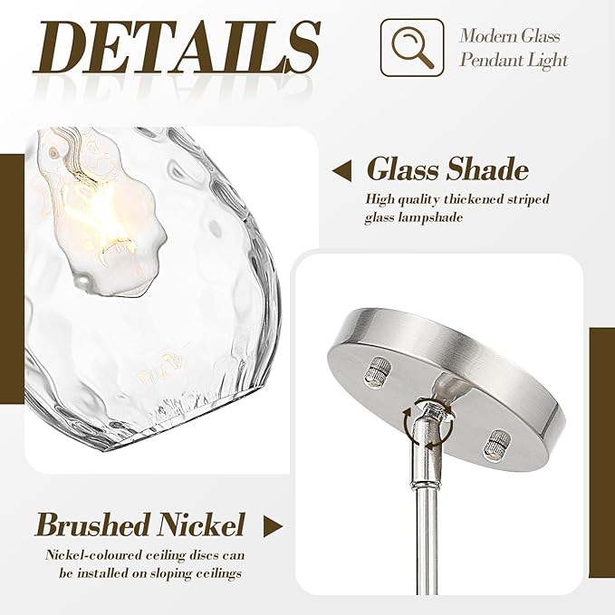 Glass Pendant Lights Kitchen Island, 1-Light Modern Brushed Nickel Pendant Light Fixtures with Hammered Glass and Rods, Small Hanging Light for Kitchen Sink Dining Room Bathroom