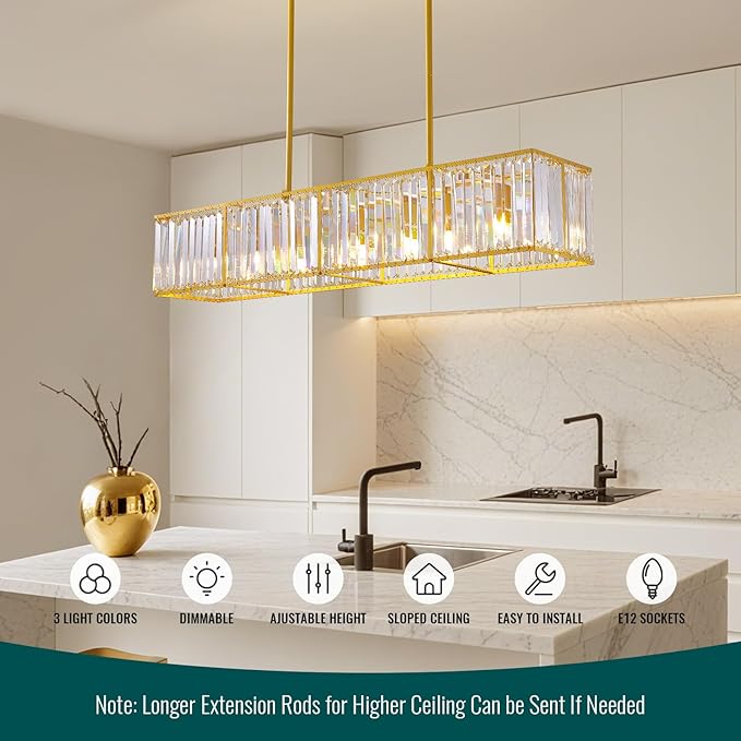 Siljoy Gold Crystal Chandelier for Dining Room, 7-Light Modern Rectangular K9 Crystal Raindrop Chandelier Pendant Ceiling Light Fixture for Living Room Kitchen Island, L47'' x W8.6'' x H8.6''