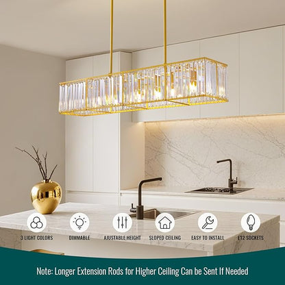 Siljoy Gold Crystal Chandelier for Dining Room, 7-Light Modern Rectangular K9 Crystal Raindrop Chandelier Pendant Ceiling Light Fixture for Living Room Kitchen Island, L47'' x W8.6'' x H8.6''