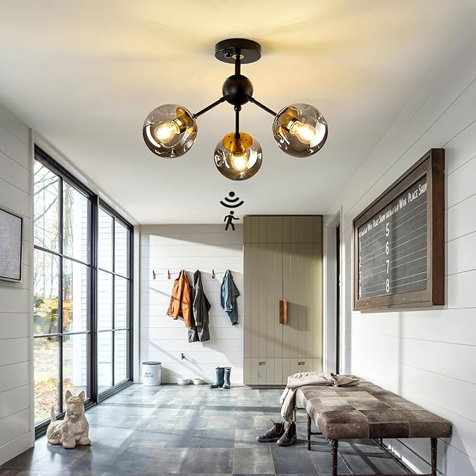 Motion Sensor Light Indoor 3-Light Vintage Semi Flush Mount Ceiling Light Fixture with Glass Globe Black Chandelier for Closet Hallway Stairway Porch Entryway