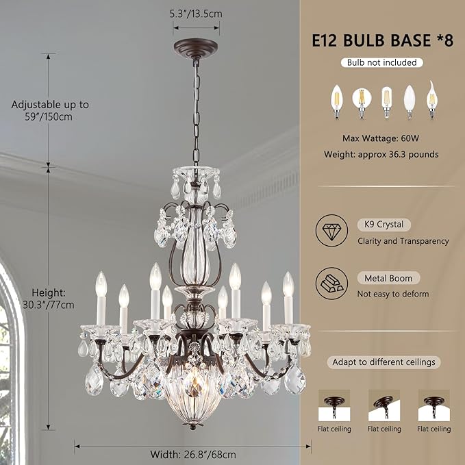 Crystal Chandelier for Dining Room, 8-Light Vintage Brown Chandelier, Pendant Ceiling Light Fixture for Living Room Hallway Entryway Foyer Staircase 30.3" H x 26.8" D