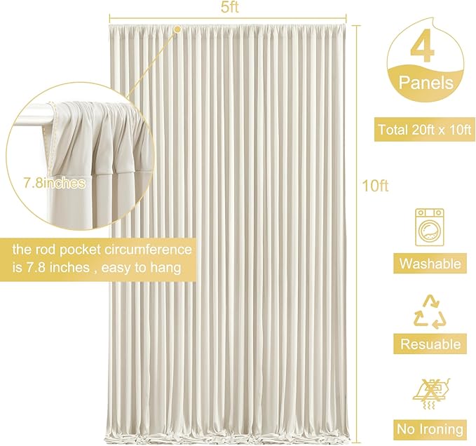 4 Panels Beige Backdrop Curtain for Baby Shower Wrinkle Free 20ft x 10ft Backdrop Drapes Panels for Parties Wedding Bridal Shower Birthday Photo Photography Fabric Background Decoration