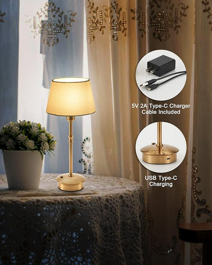 UMEXUS Small Cordless Lamp Rechargeable Table Lamps Set of 2, Dimmable Battery Operated Lights, Portable Accent Light for Side Table Restaurant Dining Outdoor, Blue Fabric Shade, Antique Brass