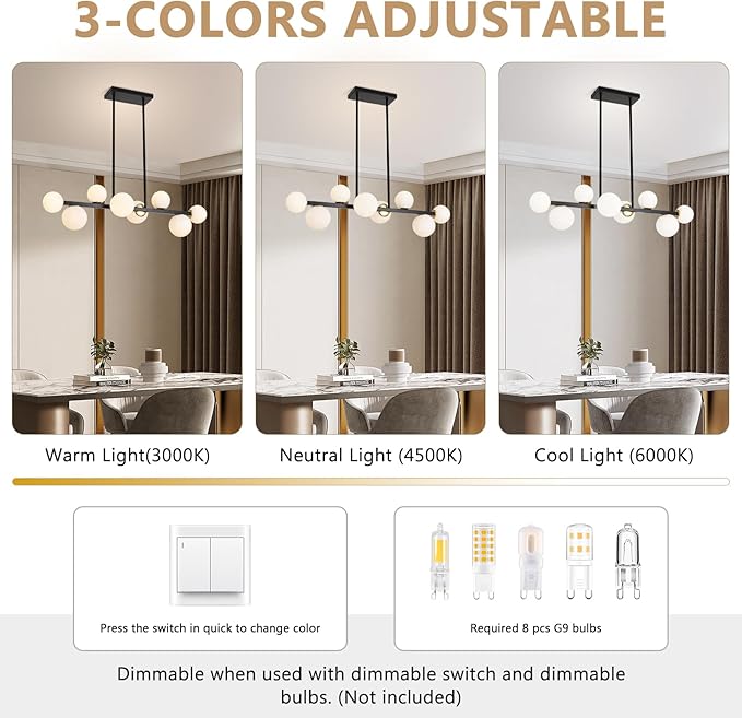 Jonsi Dining Room Light Fixture Over Table, Mid Century Chandeliers, Modern 8 Lights Globe Glass Linear Chandelier Adjustable Ceiling Hanging for Living Dining Room Kitchen Island, Black and Gold
