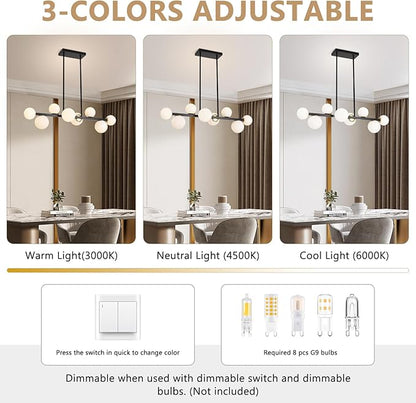 Jonsi Dining Room Light Fixture Over Table, Mid Century Chandeliers, Modern 8 Lights Globe Glass Linear Chandelier Adjustable Ceiling Hanging for Living Dining Room Kitchen Island, Black and Gold