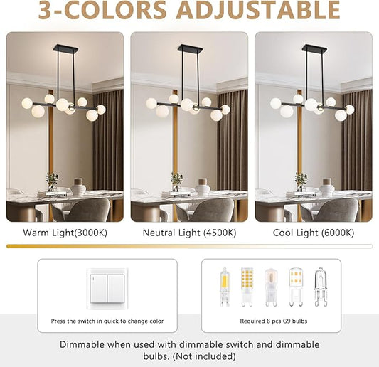 Jonsi Dining Room Light Fixture Over Table, Mid Century Chandeliers, Modern 8 Lights Globe Glass Linear Chandelier Adjustable Ceiling Hanging for Living Dining Room Kitchen Island, Black and Gold