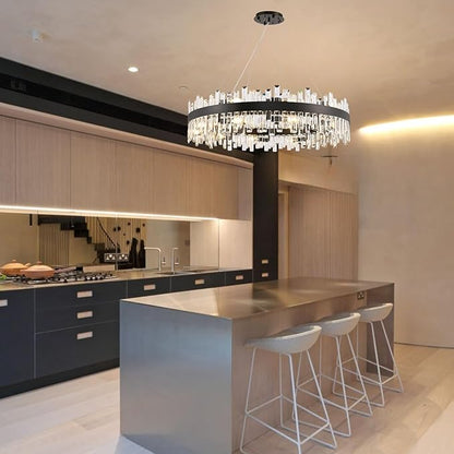 20-Light Modern Large Crystal Chandelier Black Round 2-Tiers Raindrop Chandelier Luxury Flush Mount Hanging Ceiling Light for Dining Living Room Entryway Foyer Stairway D39.4''