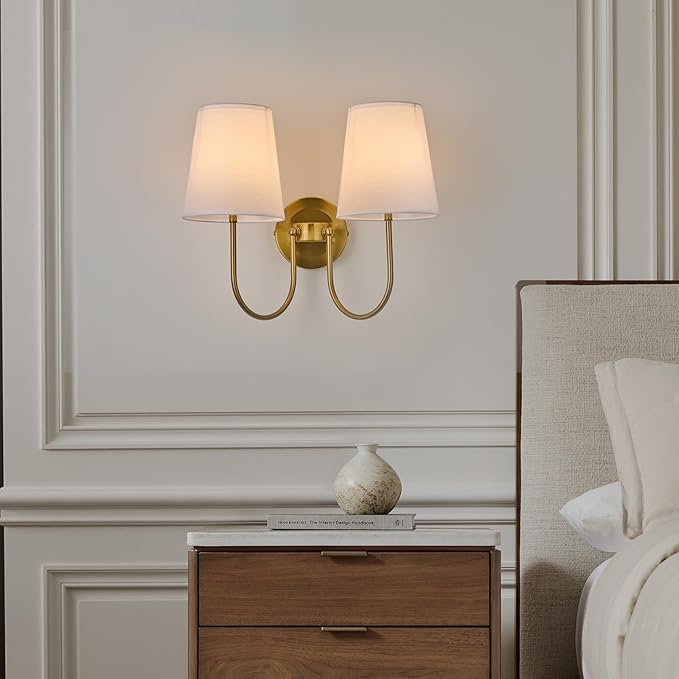 Hardwired White Fabric 2 Light Wall Sconce Double Headed Cloth Shade Fixture for Bedroom, Bathroom & Hallway (Direct Wire)