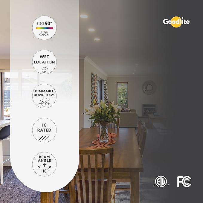 Goodlite 3-inch LED Fire-Rated, Round Slim - Recessed 8W Downlight, 120-277V, CRI 90+, ETL Listed, Dimmable Triac & 0-10V, 600 Lumens, 5CCT 27K-30K-35K-41K-50K, 50k Hr, Equal to 50W, 1ct (G-96921)