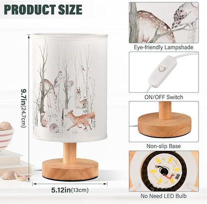 Woodland Animal Bear Fox Deer Owl Hedgehog Bird Bunny Forest Tree Table Lamp with Wood Base Fabric Lamp Shade Bedside Nightstand Desk Lamp for Living Room Bedroom Kids Room Office