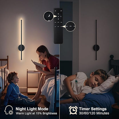 Battery Operated Modern Wall Sconces Set of Two,Rechargeable Wireless Wall Lights with Remote Control,Dimmable,3CCT,Timer,360°Rotation,Cordless Lighting for Bedroom,Living Room,Hallway,Black,23.6 Inch