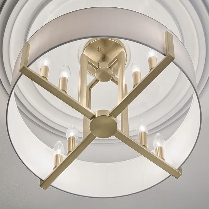Kichler Malen Convertible Semi-Flush Mount 8-Light 20" Ceiling Light Fixture with White Fabric Shade in Champagne Bronze for Dining Room, Living Room, or Bedroom, 52592CPZ