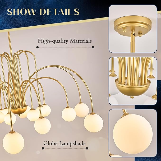 Extra Large Mid Century Sputnik Chandelier L59’’ 18 Lights Modern Gold Milk Glass Globe Ceiling Pendant Light Fixture for Foyer Staircase Living Dining Room High Ceiling