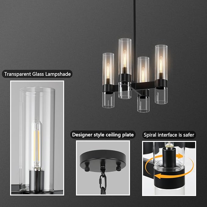 4 Lights Black Chandeliers for Dining Room Light Fixture | Entryway Chandelier for Foyer with Glass Cover | Kitchen Island Lighting Over Table for Hallway | Entryway | Corridors | Bedroom
