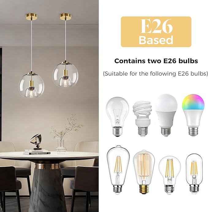 9.1in Large Clear Glass Pendant Light for Kitchen Island – 3-Pack with 3 Extra LED Bulbs & 4.92ft Adjustable Cord | Modern Minimalist Lighting for Dining Room, Living Room, Entryway
