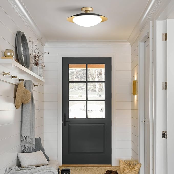 Dimmable Modern Semi Flush Mount Ceiling Light Fixture,Small Black and Gold LED Glass Shade Kitchen Ceiling Lights,5CCT In One Light Fxiture for Hallway Entryway Bedroom Laundry Room Foyer(15.75in)