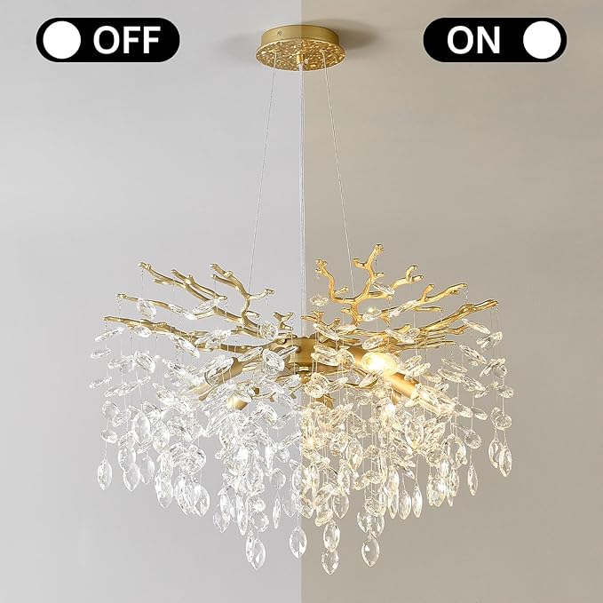 EGM Gold Crystal Chandelier, 24-Inch Modern Raindrop Light Fixtures 8-Light, Hanging Round Gold Dining Room Crystal Chandelier, Tree Branch Chandeliers for Bedroom Foyer E12