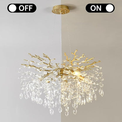 EGM Gold Crystal Chandelier, 24-Inch Modern Raindrop Light Fixtures 8-Light, Hanging Round Gold Dining Room Crystal Chandelier, Tree Branch Chandeliers for Bedroom Foyer E12