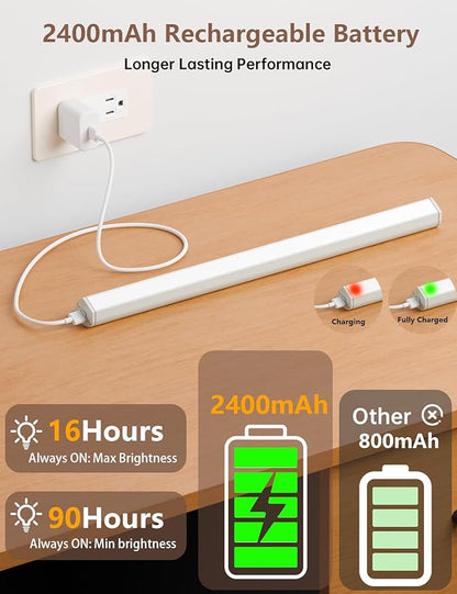 LED Under Cabinet Lighting Wireless, 2400mAh Rechargeable Cabinet Light, Battery Operated, Display Cabinet Lights, Stick on, 3-Color Shelf Lights, dimmable, with Remote Control(White, 2-Pack 12.2inch)