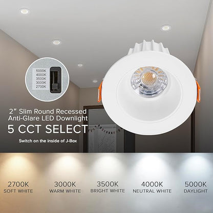 Maxxima 2 in. Ultra-Thin Recessed Anti-Glare LED Downlight - Canless IC Rated, 5 Color Temperature Selectable 2700K/3000K/3500K/4000K/5000K, Dimmable, Round White Trim, 90 CRI