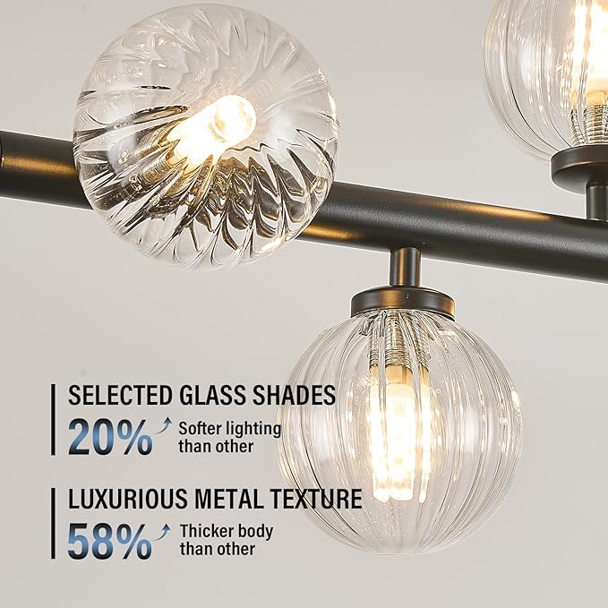 Mid Century Modern Glass Globe Sputnik Chandelier, 9-Light Linear Chandeliers for Dining Room, Kitchen Island, Living, Dining Room Light Fixture Over Table, Black and Clear Bubble, 40 Inch