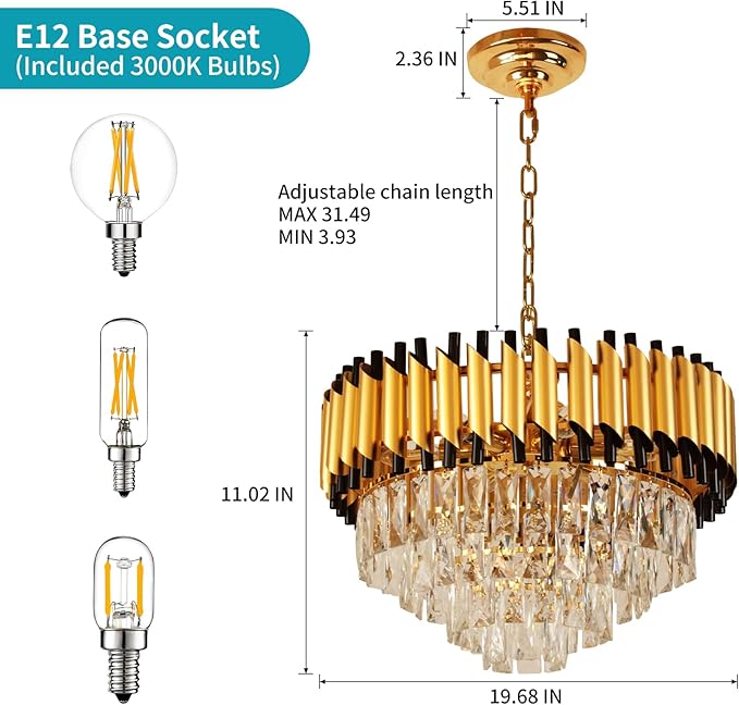 Depuley Modern Gold Crystal Chandelier: 6-Light Flush Mount Chandelier 12 Inch 4-Tier Luxury Round Hanging Pendant Light Fixture for Porch Bedroom Dining Room Foyer Included Bulbs