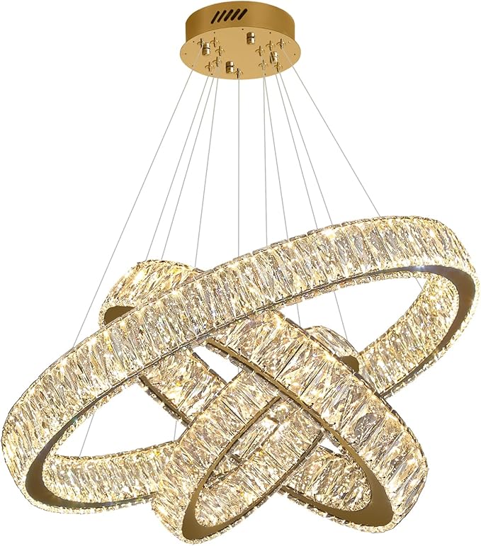 Modern Led Gold Ring Chandelier Luxury 3 Ring Crystal Chandelier Led Dimmable Light for Dining Room Height Adjustable Led Pendant Light 32''+24''+16''