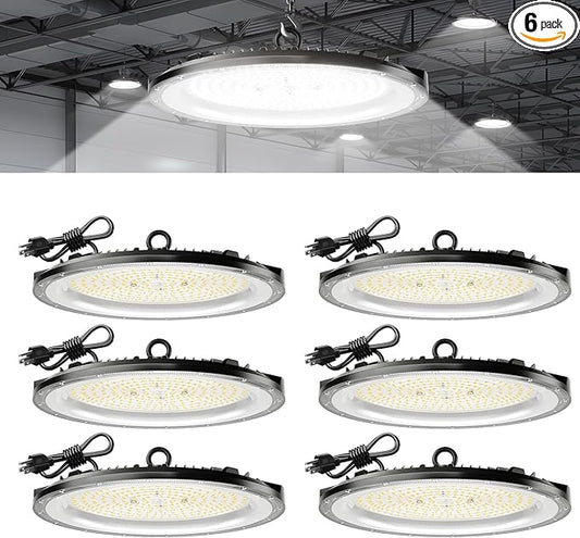 Amico 6 Pack UFO LED High Bay Light 200W 28,000lm 5000K with UL Listed US Hook 5' Cable Alternative to 650W MH/HPS for Gym Factory Barn Warehouse Lighting Fixture