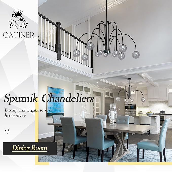CATINER Modern Black Chandelier 12 Lights Sputnik Chandelier Large L52” Mid Century Ceiling Pendant Light Fixtures with Smoke Glass Globe Shades for High Ceiling Living Dining Room Foyer Staircase