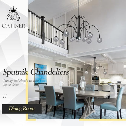 CATINER Modern Black Chandelier 12 Lights Sputnik Chandelier Large L52” Mid Century Ceiling Pendant Light Fixtures with Smoke Glass Globe Shades for High Ceiling Living Dining Room Foyer Staircase