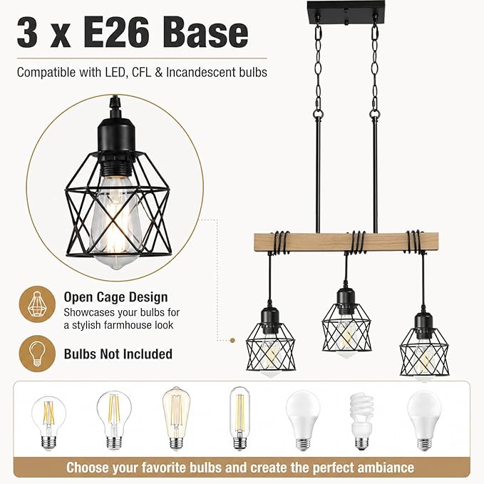 3 Light Farmhouse Kitchen Island Lighting,Dining Room Light Fixture,Adjustable Height Pendant,Real Wood and Black Metal Cage Chandelier for Kitchen,Dining Room