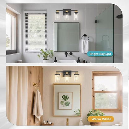 DORESshop 17 Inch Bathroom Light Fixtures, 3-Light Black & Rope Bathroom Lighting Fixtures Over Mirror with Clear Glass Shade, Vanity Lights for Living Room Bedroom