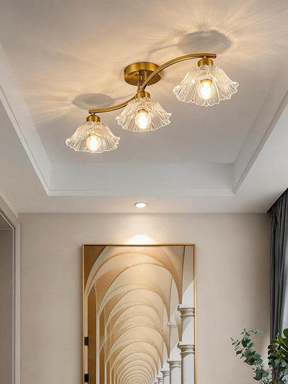 Semi Flush Mount Ceiling Light Fixture,3 Lights Modern Glass Shade Chandelier, Mini Ceiling Fixture for Entryway, Kitchen, Bedroom, Golden