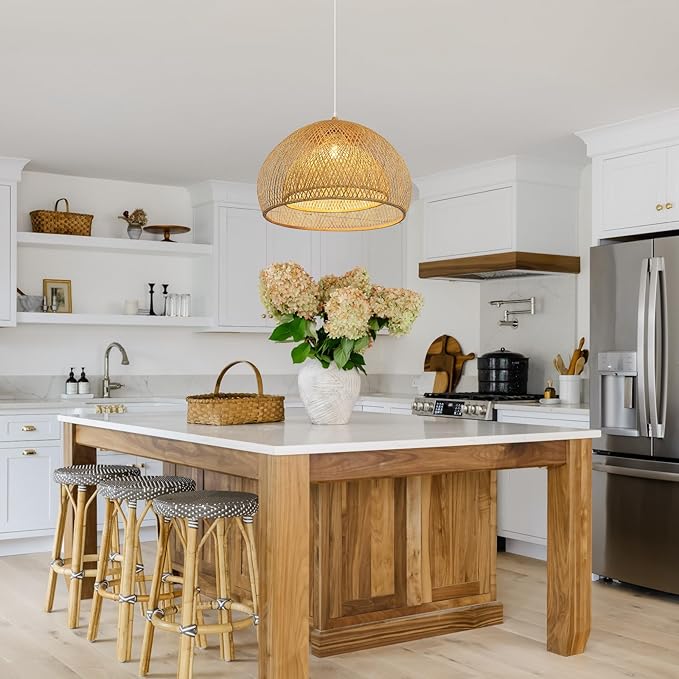 Arturesthome 1 Light Bamboo Dome Pendant Lighting, Coastal Handwoven Ceiling Lampshade Chandelier, Hanging Lamp Light Fixture for Kitchen Living Room