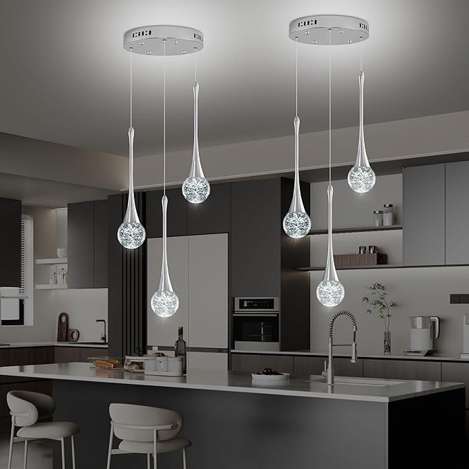 Modern Crystal Kitchen Island Chandelier 3-Lights Chrome, LED Dimmable Raindrop Indoor Lighting Fixture for Dining Room Foyer Entryway Remote Control