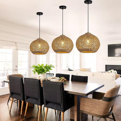 Farmhouse Rattan Pendant Lights 13.8" Wicker Hand-Woven Chandelier Rustic Round Seagrass Hanging Light Fixture for Kitchen Island Bedroom Hallway Entry Living Room Dining Coffee Bar