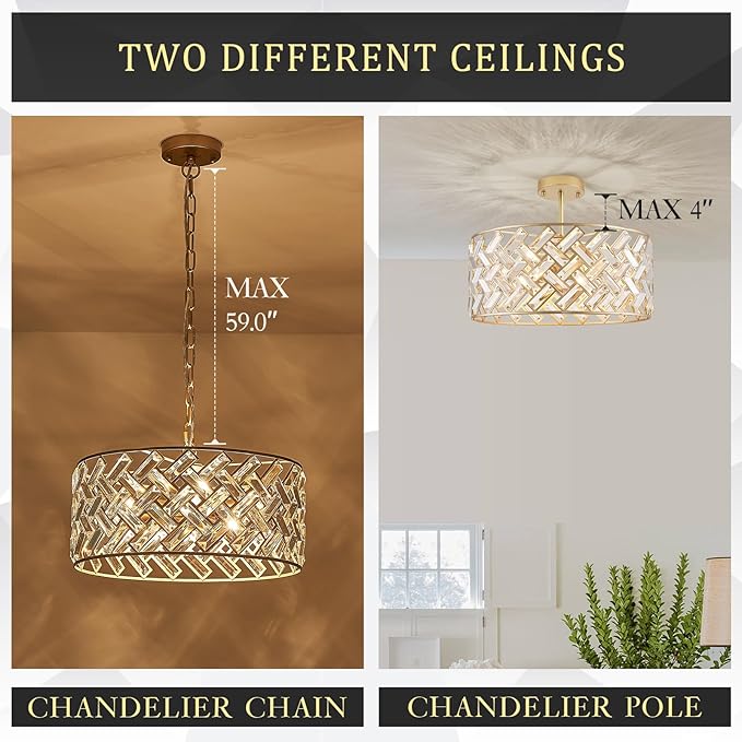CATINER Gold Crystal Chandelier Modern 18" Round Semi Flush Mount Ceiling Light for Dining Living Room Bedroom & Foyer - Large Round Pendant Fixture