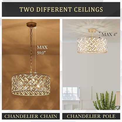 CATINER Gold Crystal Chandelier Modern 18" Round Semi Flush Mount Ceiling Light for Dining Living Room Bedroom & Foyer - Large Round Pendant Fixture