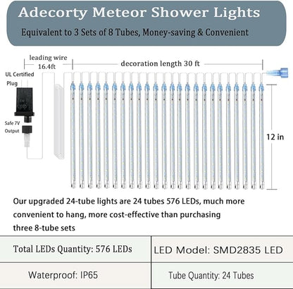 Adecorty Christmas Lights Outdoor UL Certified 24 Tubes 576 LEDs (Equivalent to 3 Sets of 8 Tubes) Meteor Shower Light Falling Rain Drop Icicle Lights for Christmas Decorations Halloween Party, Blue