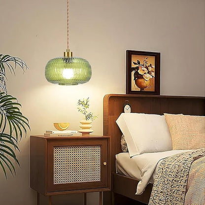QIYIZM Plug in Pendant Light Glass Hanging Lights with Plug in Cord Boho Hanging Lamp Gold Mid Century Modern Vintage Dimmable Green Flower Plug in Chandelier Ceiling Fixture for Living Room,Kitchen