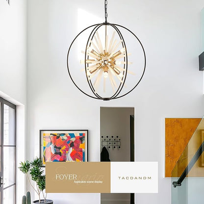 23.6" Black Gold 9-Light Globe Sputnik Chandelier Modern Firework Hanging Ceiling Glass Tube Pendant Light Fixture for Entryway Foyer Staircase Dining Living Room Hallway