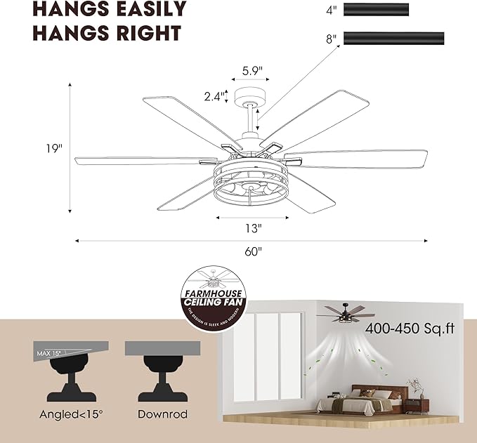 Farmhouse 60 Inch Ceiling Fan with Remote and App Control, Quiet 6-Speed Reversible DC Motor, Black Cage Design for Bedroom, Living Room, Covered Patio