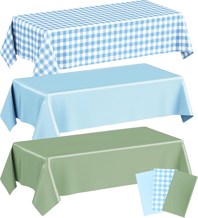 Oudain 3 Pcs Silly Goose Theme Party Blue & Sage Green & Checkered Party Tablecloth 54 x 108 Inch Plastic Rectangle Tablecloth Waterproof Table Cover for Baby Shower Silly Goose Birthday Decoration